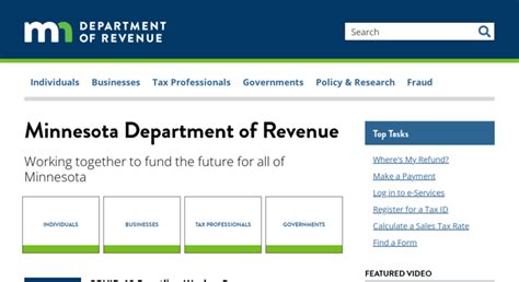 Revenue state mn us - You can register for the following tax types online: Business income taxes. Fiduciary income tax. Hospital. Insurance. Legend drug use. Pharmacy refund. Provider. Rural electric cooperative association.